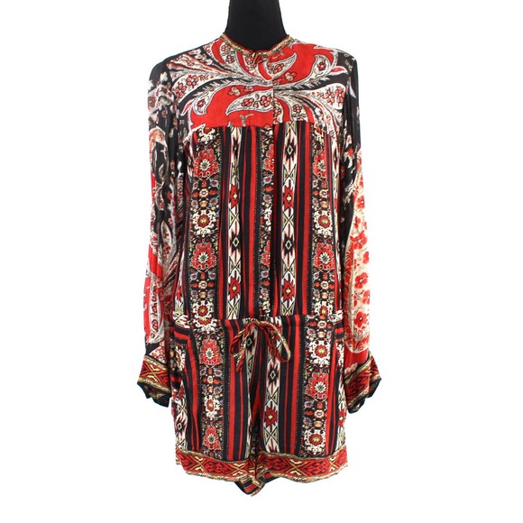 Isabel Marant Etoile Taylor Red Black Paisley Long Sleeve Romper 2 One Piece S - Picture 2 of 8